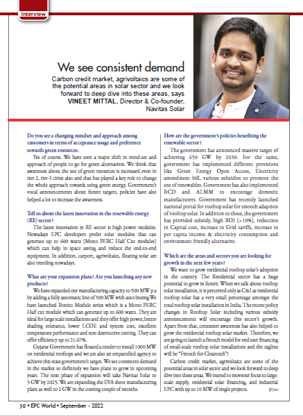 Mr. Vineet Mittal, Director & Co-Founder, Navitas Solar is featured in ...