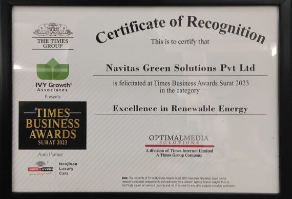 Navitas Solar is awarded in the Excellence in Renewable Energy by Times Business Awards Surat 2023 presented by IVY Growth Associates. The award is handed over to Team Navitas Solar by Sonal Chauhan.