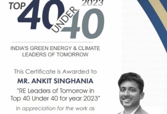 Mr. Ankit Singhania, Director (Sales & Procurement), Navitas Solar is awarded as “RE Leaders of Tomorrow in the prestigious Top 40 Under 40 list for the year 2023” by EQ International Magazine